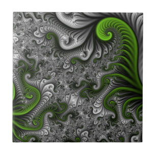 Fantasy World Green and Grey Abstract Fractal Art Tegeltje