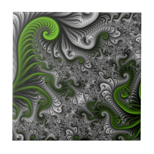 Fantasy World Green and Grey Abstract Fractal Art Tegeltje (Voorkant)