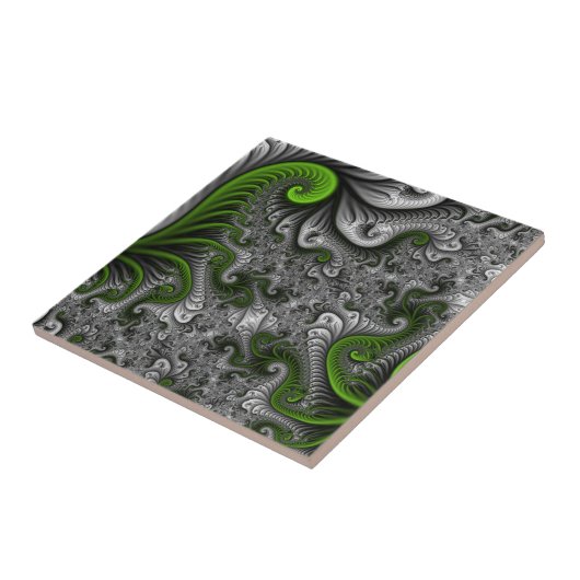 Fantasy World Green and Grey Abstract Fractal Art Tegeltje (Zijkant)