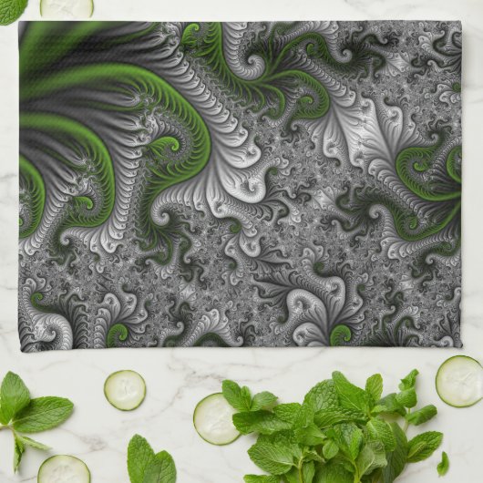 Fantasy World Green and Grey Abstract Fractal Art Theedoek (Gevouwen)