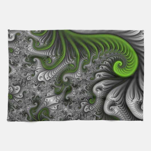 Fantasy World Green and Grey Abstract Fractal Art Theedoek (Horizontaal)