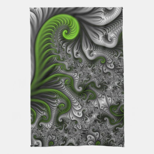Fantasy World Green and Grey Abstract Fractal Art Theedoek (Verticaal)