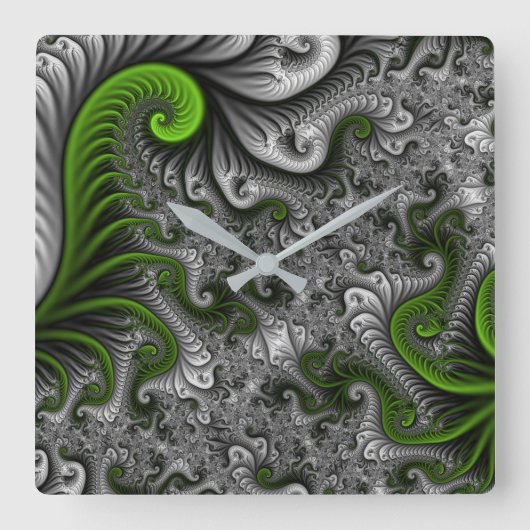 Fantasy World Green and Grey Abstract Fractal Art Vierkante Klok (Voorkant)