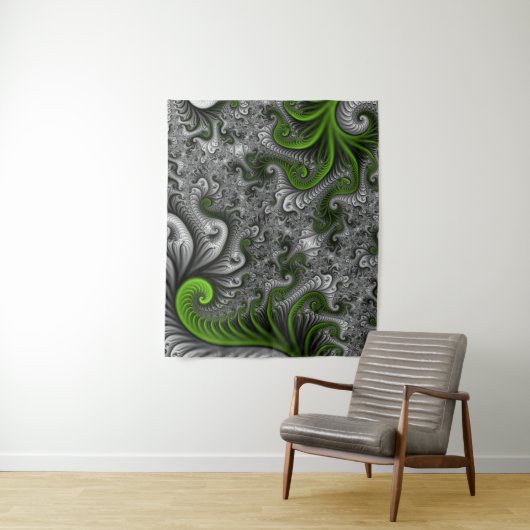 Fantasy World Green and Grey Abstract Fractal Art Wandkleed (In situ)