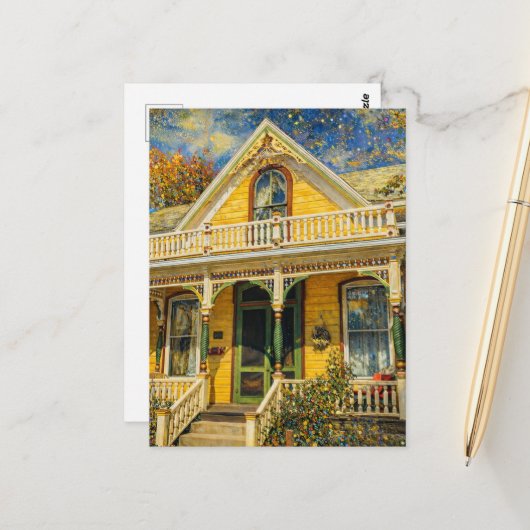 Fantasy Yellow Victorian  Briefkaart (Voorkant / Achterkant in situ)