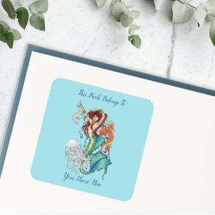 Fantasy Zeemeermin Blauwgroen Tail Bookplate Vierkante Sticker