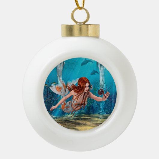 Fantasy Zeemeermin en Zee Lily Keramische Bal Ornament (Voorkant)