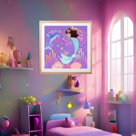 Fantasy Zeemeermin paars roze blauw dolfijn oceaan Poster