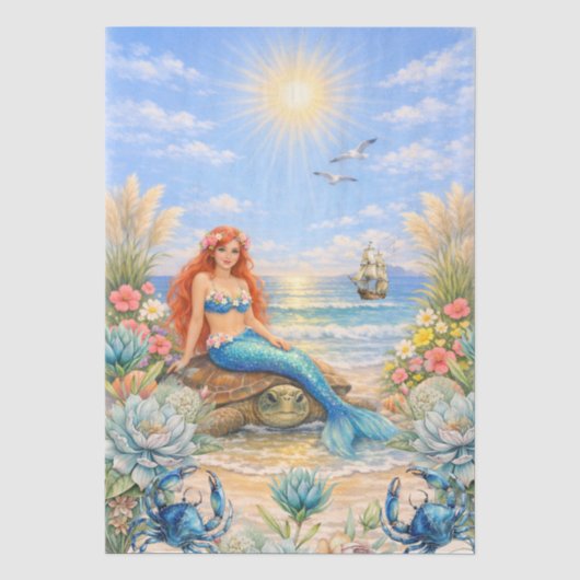 Fantasy Zeemeermin Zeeschildpad Strand Scene Decou Tissuepapier (Voorkant)