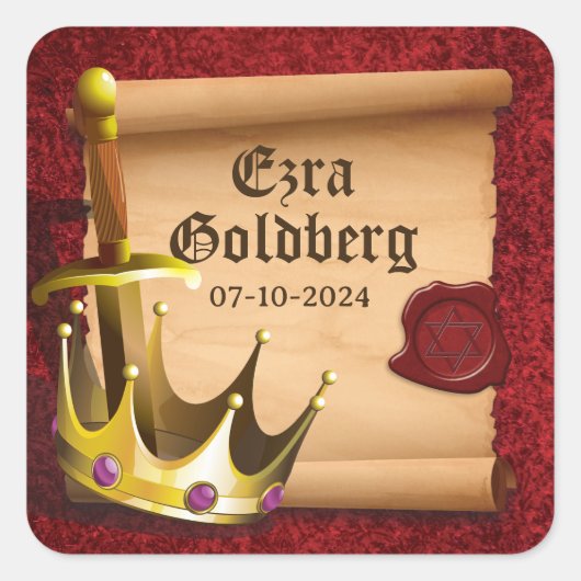 Fantasy Zwaard Kroon Middeleeuwse Ridder Bar Mitzv Vierkante Sticker (Voorkant)