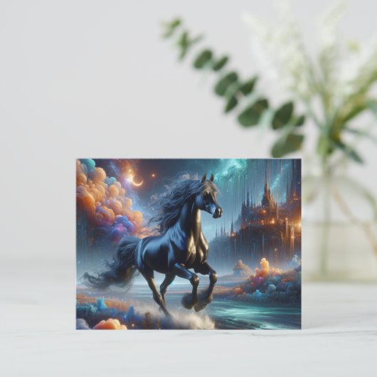 Fantasy Zwart Half Arabisch Paard Briefkaart (Staand voorkant)