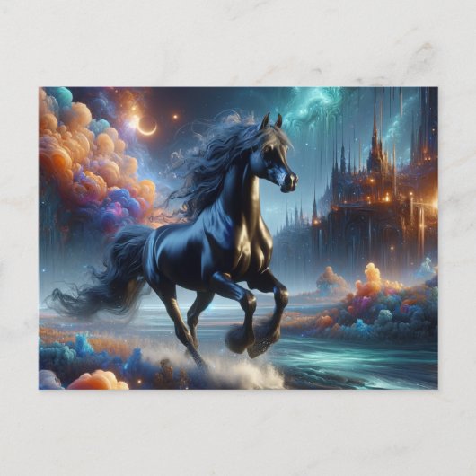 Fantasy Zwart Half Arabisch Paard Briefkaart (Voorkant)