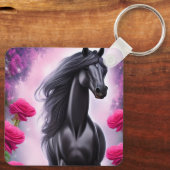 Fantasy Zwarte hengst en roze bloemengrafiek Sleutelhanger (Achterkant)