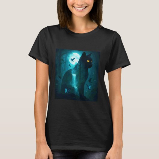 Fantasy Zwarte Surrealistische Kat T-shirt (Voorkant)