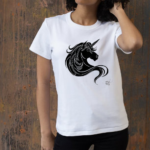 Fantasy Zwarte Tribale Eenhoorn Witte Minimalist T-shirt