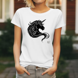 Fantasy Zwarte Tribale Eenhoorn Witte Minimalist T-shirt