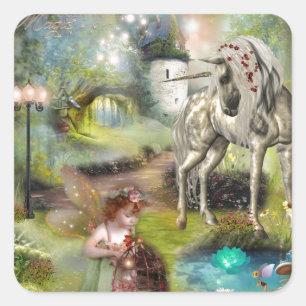 Fantasyfee- en eenhoornkunst vierkante sticker