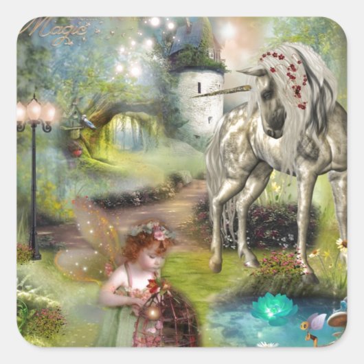 Fantasyfee- en eenhoornkunst vierkante sticker (Voorkant)