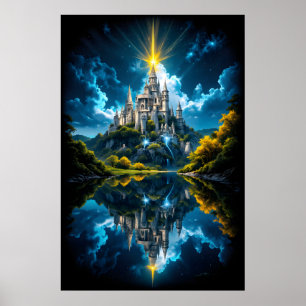 Fantasykasteel weerspiegelend in meer met magisch  poster