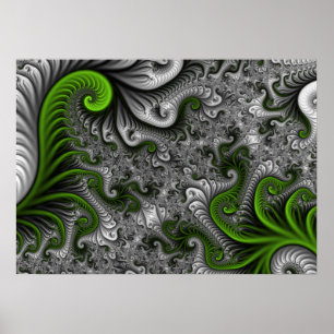 Fantasywereld groen en grijs abstracte fractal kun poster