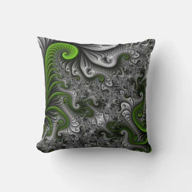 Fantasywereld Groen En Grijs Abstracte Fractale Ku Kussen (Voorkant)