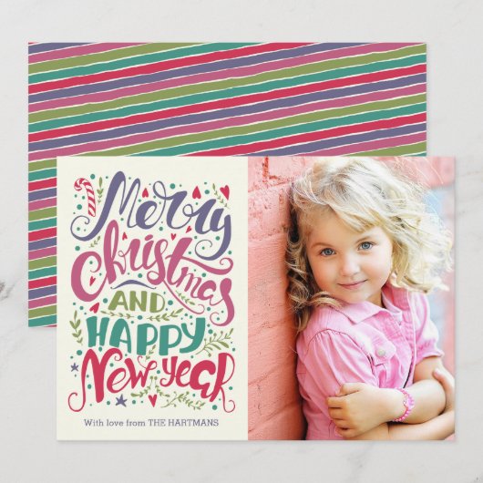 Fantieke typografie Kleurige Kerstfoto Feestdagenkaart (Voorkant / Achterkant)