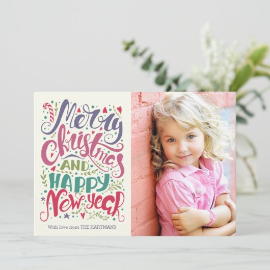 Fantieke typografie Kleurige Kerstfoto Feestdagenkaart (Staand voorkant)