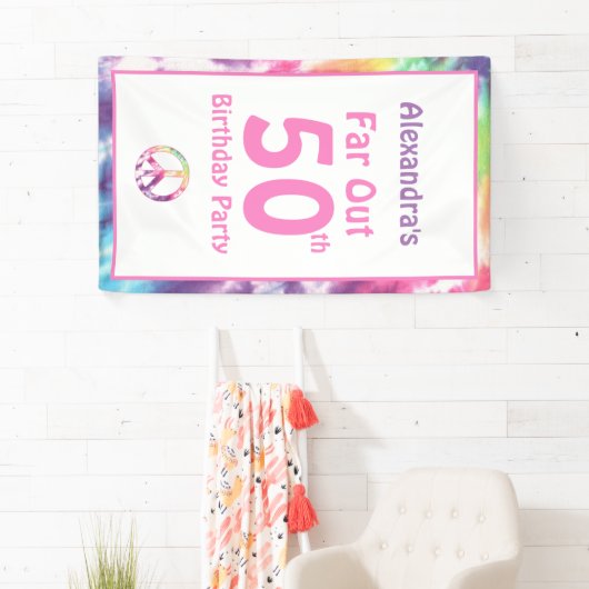 Far Out 50th Groovy Tie Dye Verjaardag Naam Feest Spandoek (Insitu)