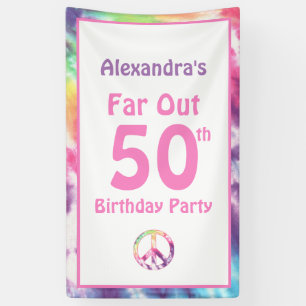 Far Out 50th Groovy Tie Dye Verjaardag Naam Feest Spandoek