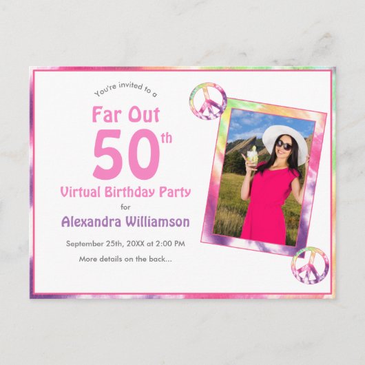 Far Out 50th Tie Dye Virtual Birthday Party Foto Uitnodiging Briefkaart (Voorkant)