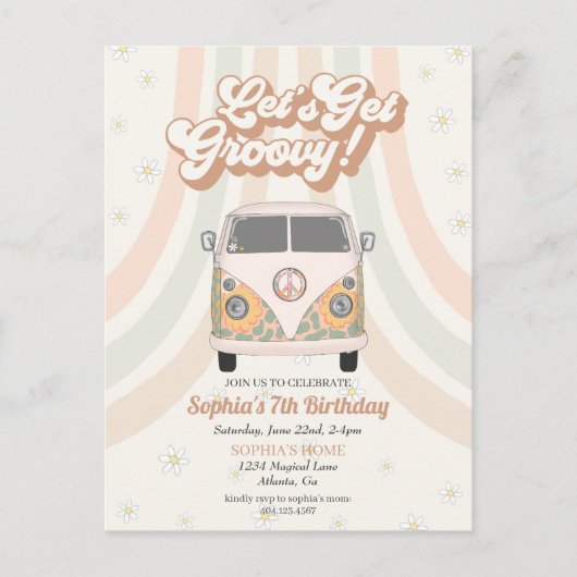 Far out verjaardagsfeest, uitnodiging 70s retro th (Voorkant)