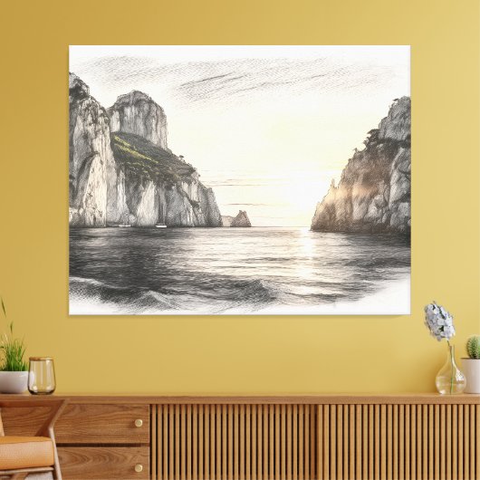 Faraglioni cliffs over capri sea sunset drawing canvas afdruk (Insitu (Woonkamer))