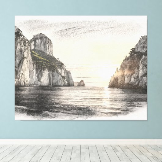 Faraglioni cliffs over capri sea sunset drawing canvas afdruk (Insitu (Houten vloer))