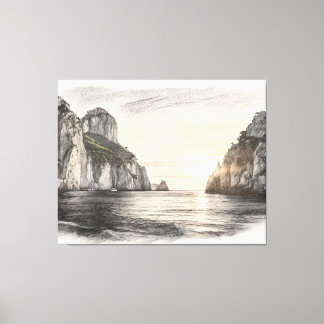 Faraglioni-kliffen boven zee bij zonsondergang tek canvas afdruk