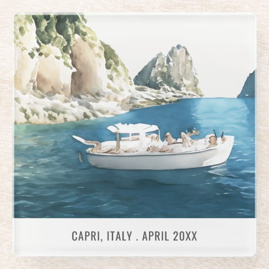 Faraglioni Rocks Capri Italië Waterverf Reizen Glazen Onderzetter (Voorkant)