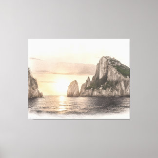 Faraglioni sea stacks sketch at sunset canvas afdruk