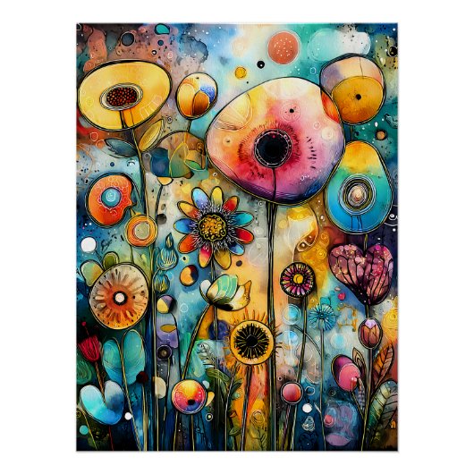 Farbenfrohe Blumenlandschaft mit abstrakten Blüten Perfect Poster (Voorkant)