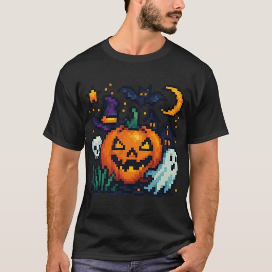 Farbenfrohes Halloween Pixelart – Kürbis, Geist &  T-shirt (Voorkant)