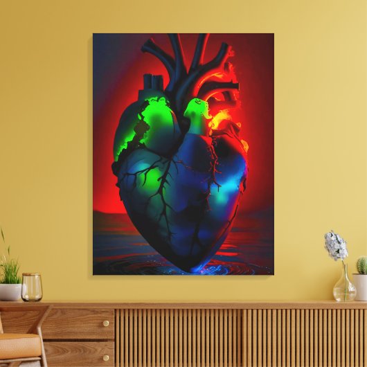Farbig leuchtendes Herz über Wasser Canvas Afdruk (Insitu (Woonkamer))