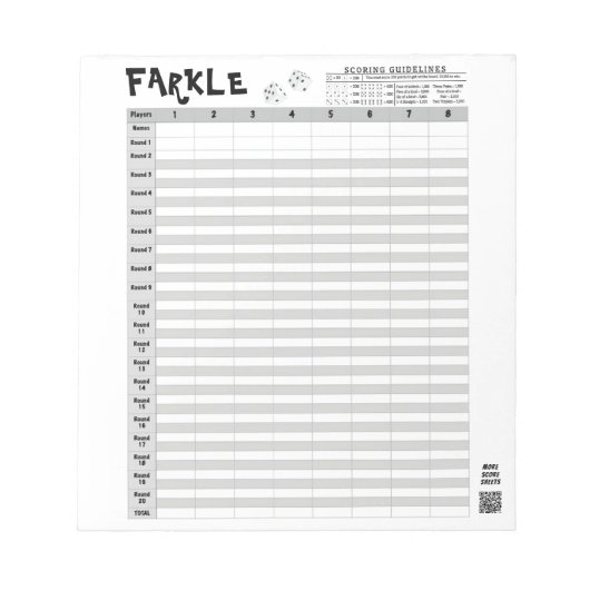 Farkle Score Sheets met regels Eenvoudig wegscheur Notitieblok (Voorkant)