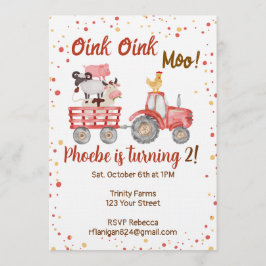 Farm Animal Barnyard Second Birthday Invitation Kaart