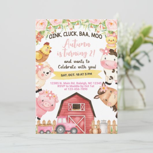 Farm animal girl-uitnodiging. kaart (Staand voorkant)