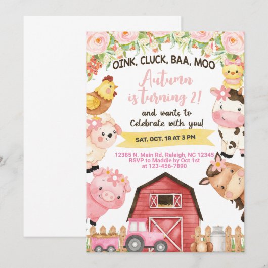 Farm animal girl-uitnodiging. kaart (Voorkant / Achterkant)
