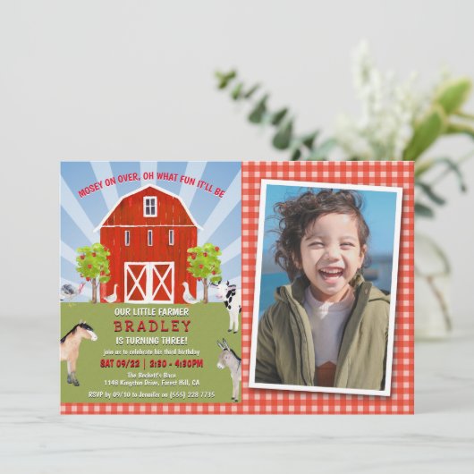 Farm Animals 3rd Birthday Invitation Foto Kaart (Staand voorkant)