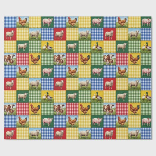 Farm Animals and Gingham Patchwork Quilt Cadeaupapier (Vlak)