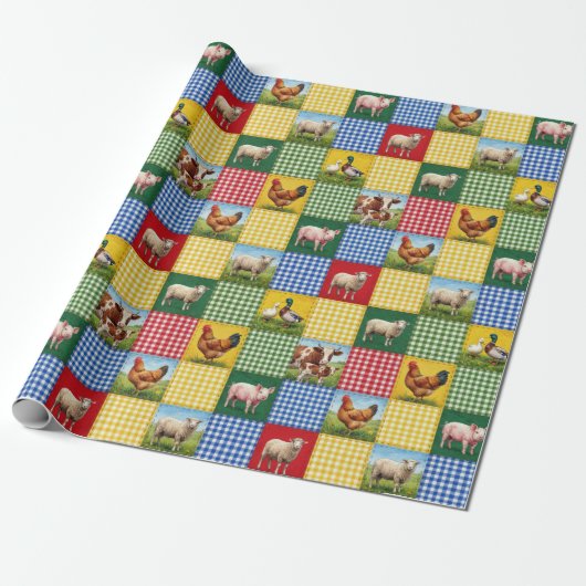 Farm Animals and Gingham Patchwork Quilt Cadeaupapier (Uitgerold)