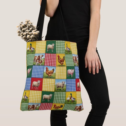 Farm Animals and Gingham Patchwork Quilt Tote Bag (Dichtbij)