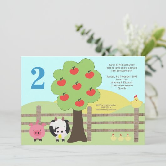 Farm Animals Apples KIDS Birthday Party Invite Kaart (Staand voorkant)