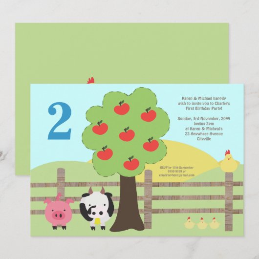 Farm Animals Apples KIDS Birthday Party Invite Kaart (Voorkant / Achterkant)