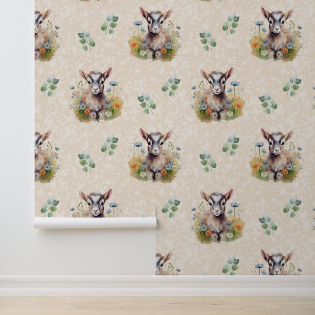 Farm Animals Baby Goat Greenery on Cream Behang (Applicatie)
